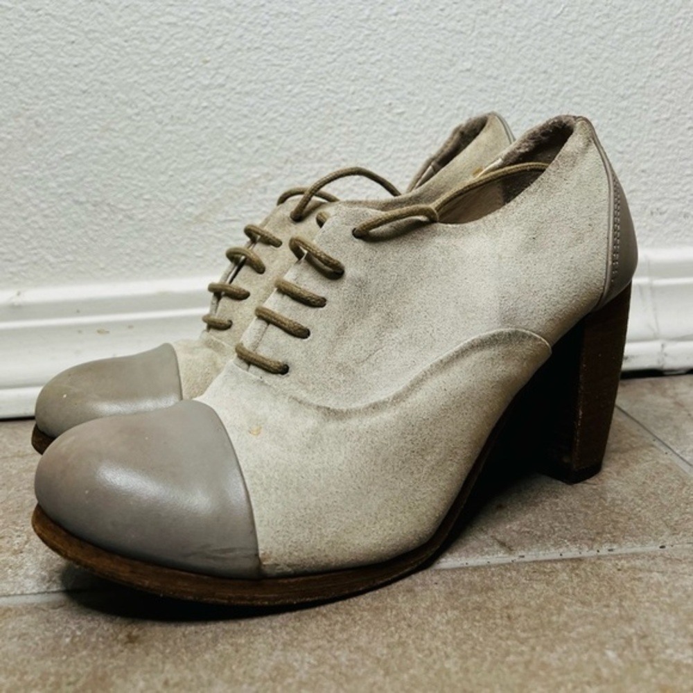 All Saints Shoe Frankie Oxford Heeled Suede cap-toe leather Grey Block Heel Lace